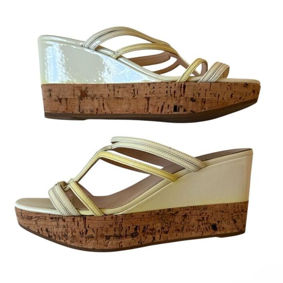 PRADA Beige Wedge Patent Leather Strappy Slide Sandals - Picture 4 of 12